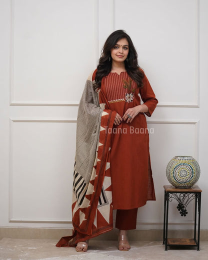 Rust Brown Cotton Kurta Pant Set with Printed Dupatta