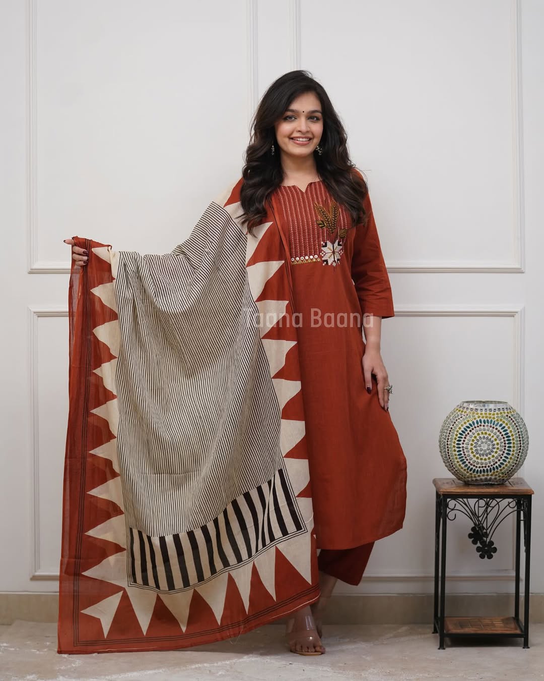 Rust Brown Cotton Kurta Pant Set with Printed Dupatta