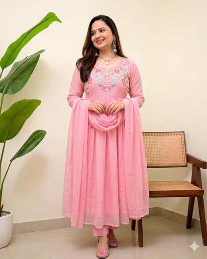 Blush Pink Cotton Embroidered Anarkali Kurta Set with Dupatta