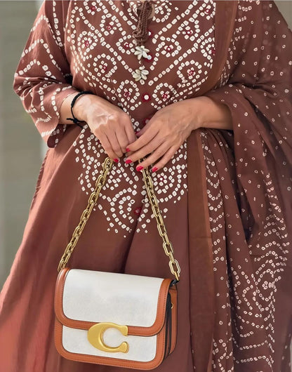 Brown Bandhani Print Cotton Kurta Set with Dupatta