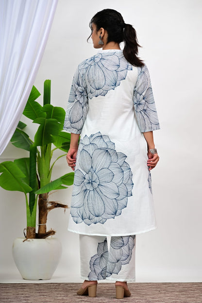 White Floral Printed Cotton Kurta Pant Set for Women