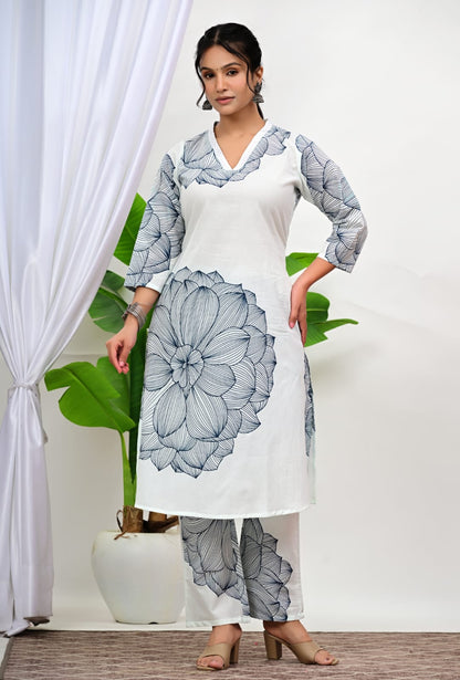 White Floral Printed Cotton Kurta Pant Set for Women