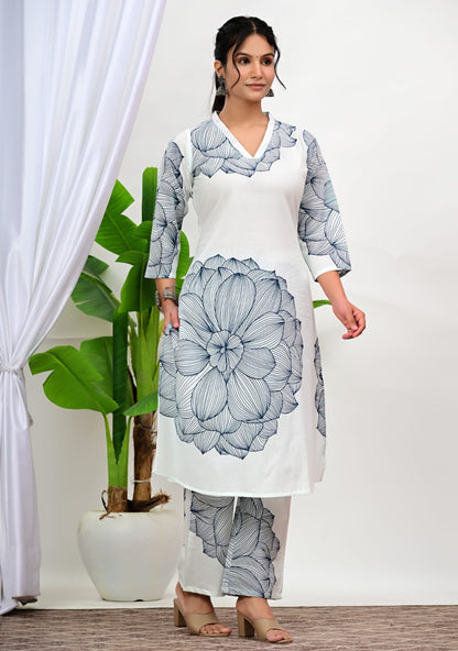 White Floral Printed Cotton Kurta Pant Set for Women