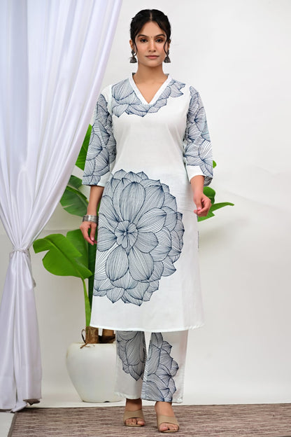 White Floral Printed Cotton Kurta Pant Set for Women