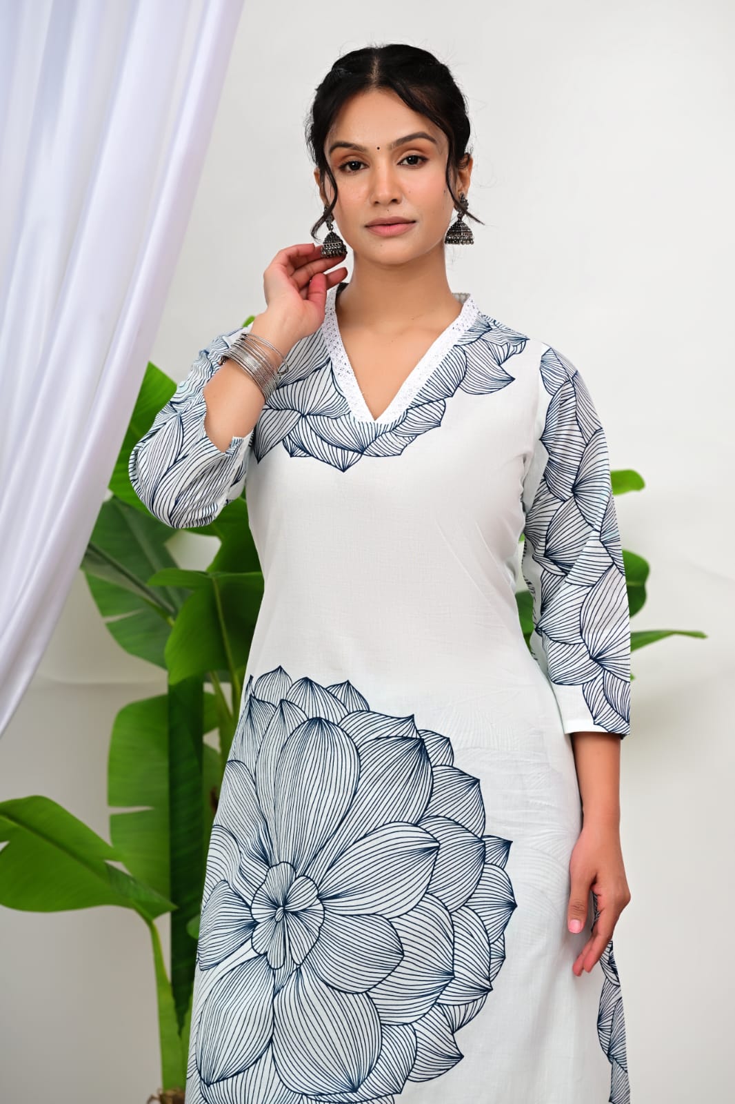 White Floral Printed Cotton Kurta Pant Set for Women