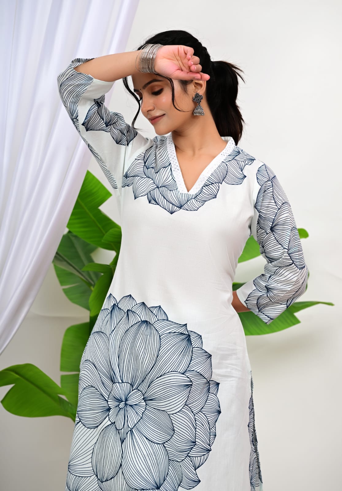 White Floral Printed Cotton Kurta Pant Set for Women