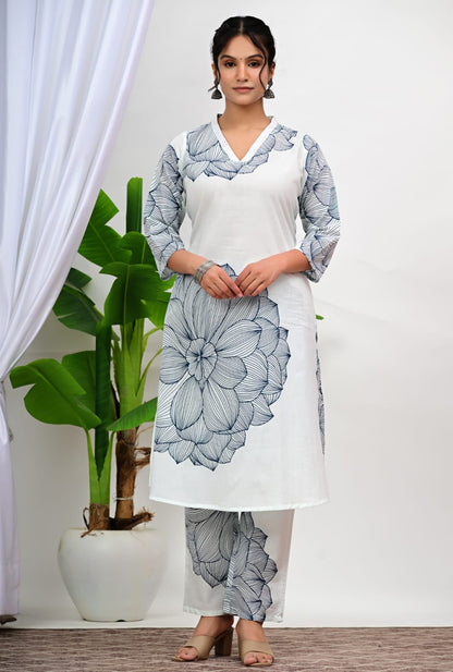 White Floral Printed Cotton Kurta Pant Set for Women