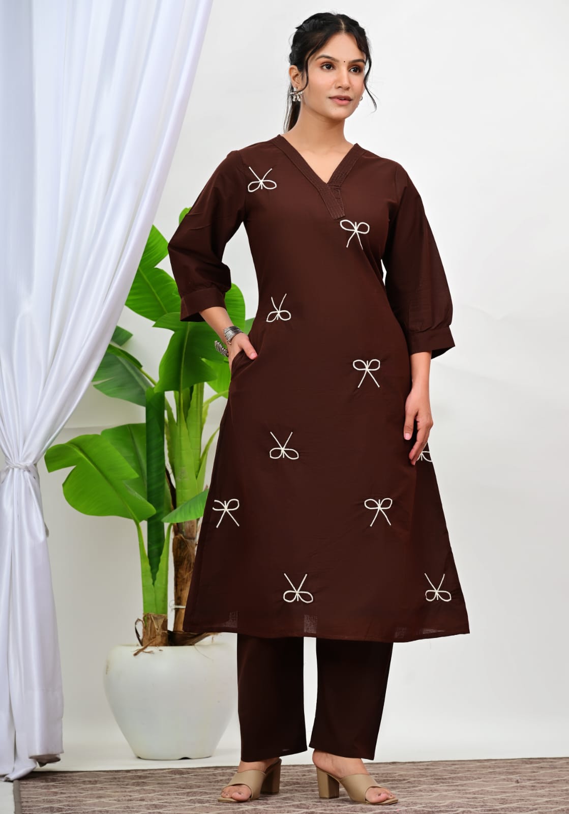 Chocolate Brown Bow Embroidered Kurta  Set