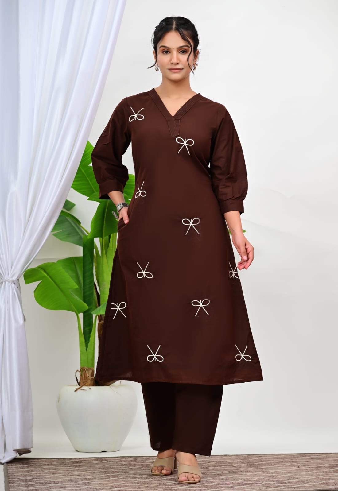 Chocolate Brown Bow Embroidered Kurta  Set