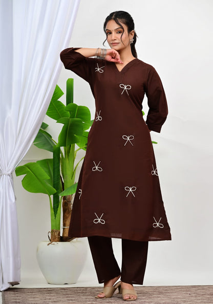 Chocolate Brown Bow Embroidered Kurta  Set