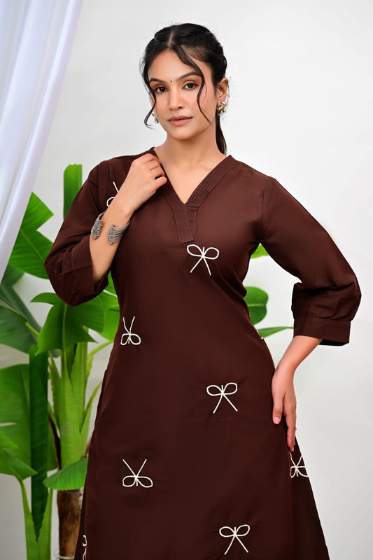 Chocolate Brown Bow Embroidered Kurta  Set