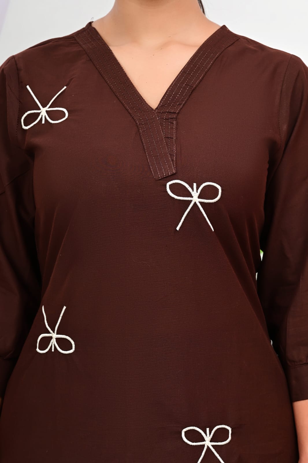 Chocolate Brown Bow Embroidered Kurta  Set