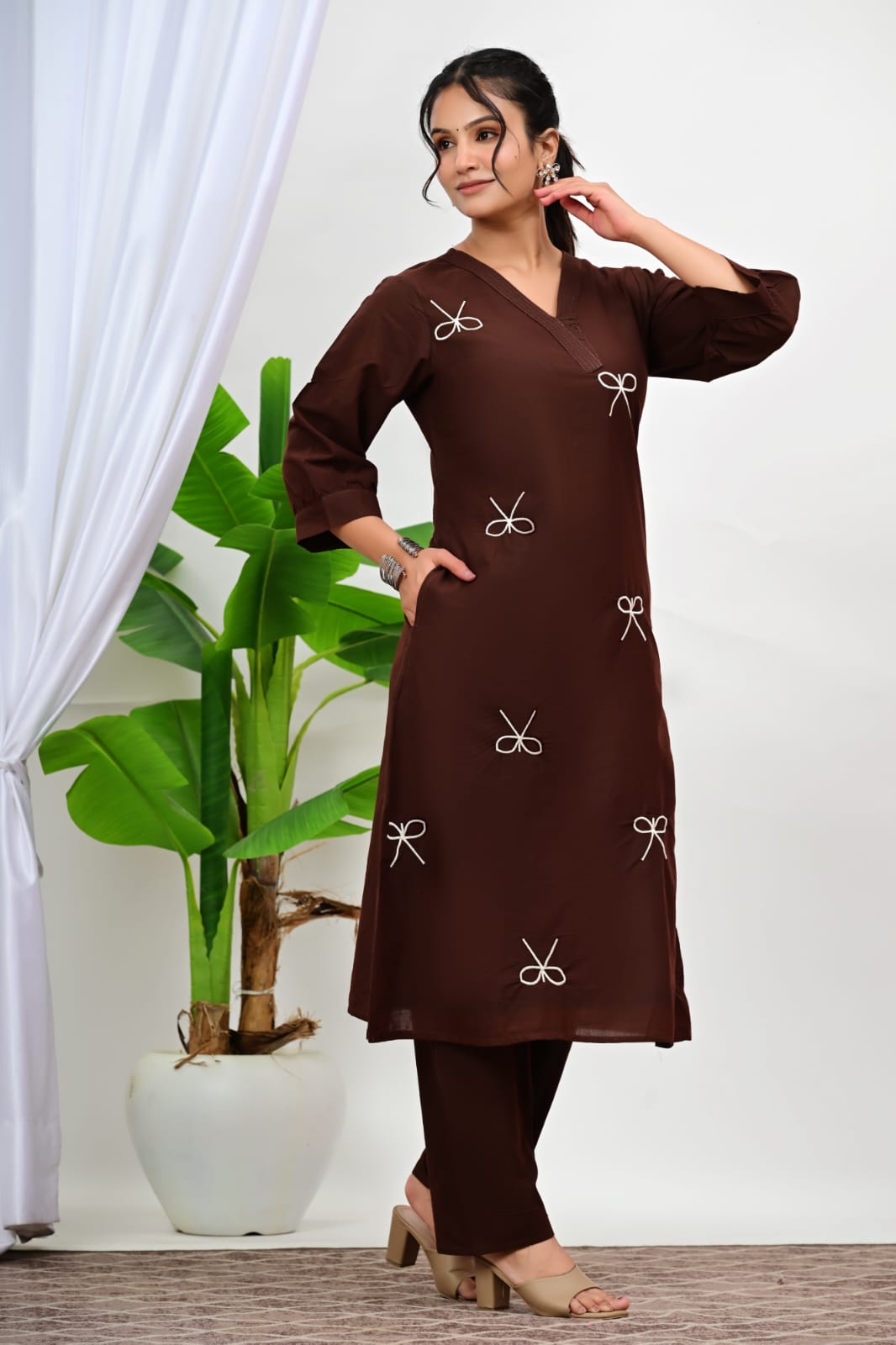 Chocolate Brown Bow Embroidered Kurta  Set