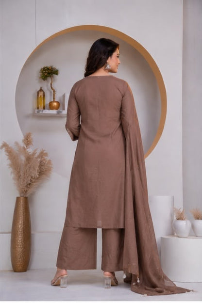 Mocha Brown Embroidered Cotton Kurta Palazzo Set