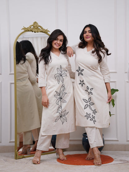 Cream Cotton Kurta Set With Black Embroidery