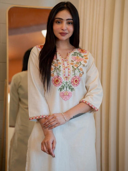 Premium Cream Cotton Floral Embroidered Kurta Set