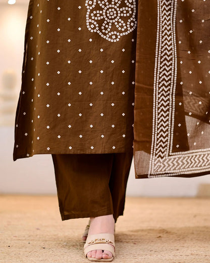 Premium Coffee Brown Bandhni Cotton Kurta Set