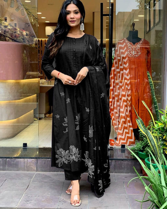 Premium Black Cotton Floral Printed Kurta Set