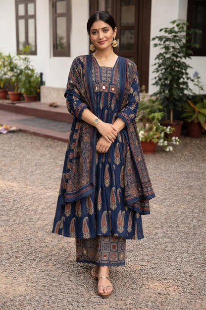 Elegant Navy Blue Ethnic Kurta Palazzo Set with Printed Dupatta
