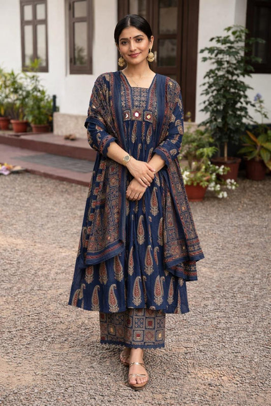 Elegant Navy Blue Ethnic Kurta Palazzo Set with Printed Dupatta
