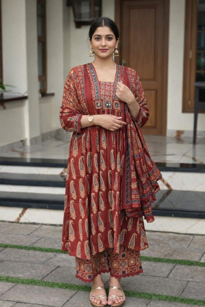 Rust Brown Printed Cotton Kurta Palazzo Set with Dupatta for Women