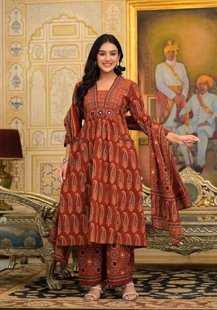 Rust Brown Printed Cotton Kurta Palazzo Set with Dupatta for Women
