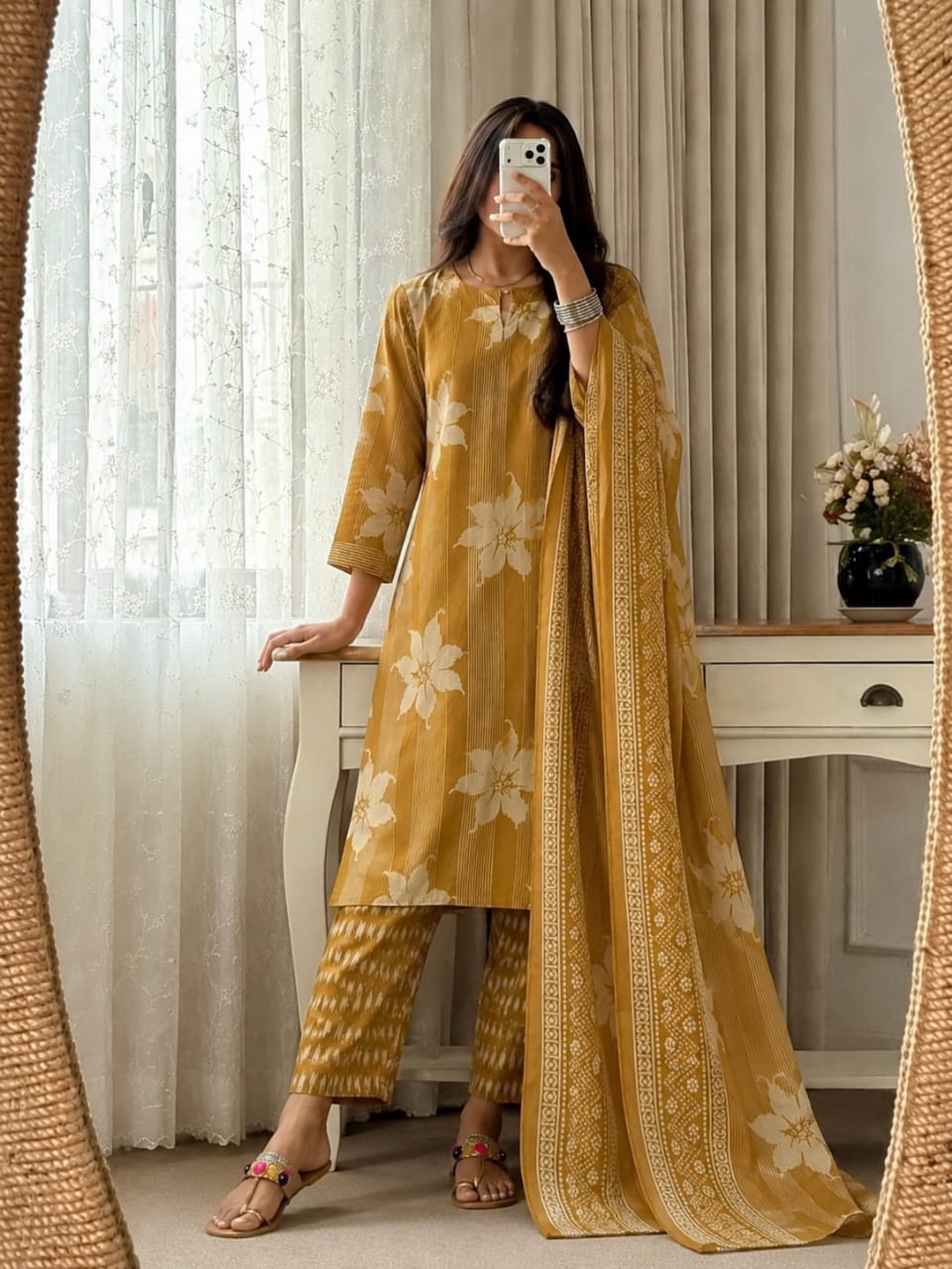 Mustard Yellow Floral Printed Kurta Pant Set with Dupatta for Women
