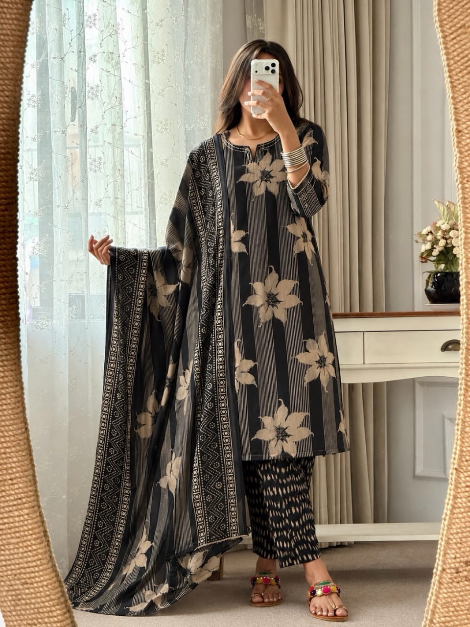 Black Floral Printed Kurta Pant Set with Dupatta for Women