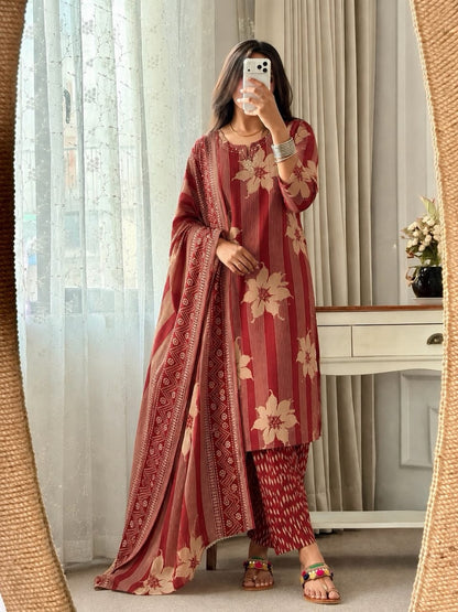 Maroon Floral Printed Kurta Pant Set with Dupatta for Women