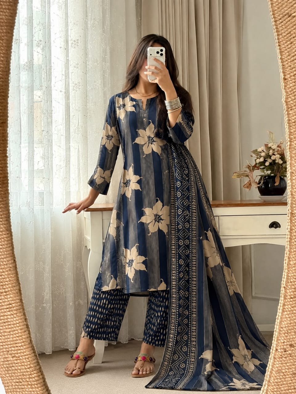 Navy Blue Floral Printed Kurta Pant Set with Dupatta for Women