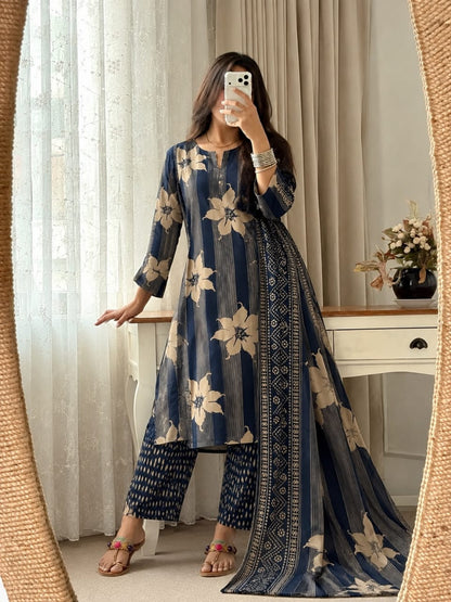 Navy Blue Floral Printed Kurta Pant Set with Dupatta for Women