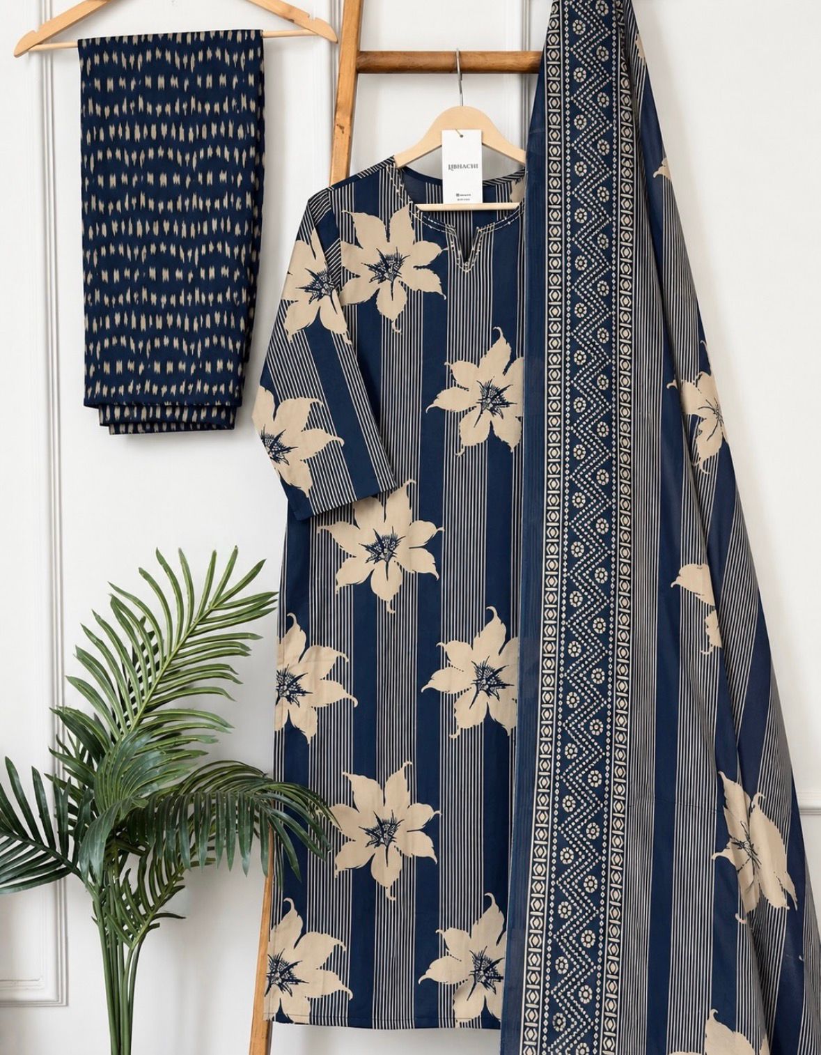 Navy Blue Floral Printed Kurta Pant Set with Dupatta for Women