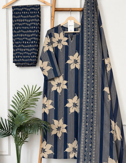 Navy Blue Floral Printed Kurta Pant Set with Dupatta for Women