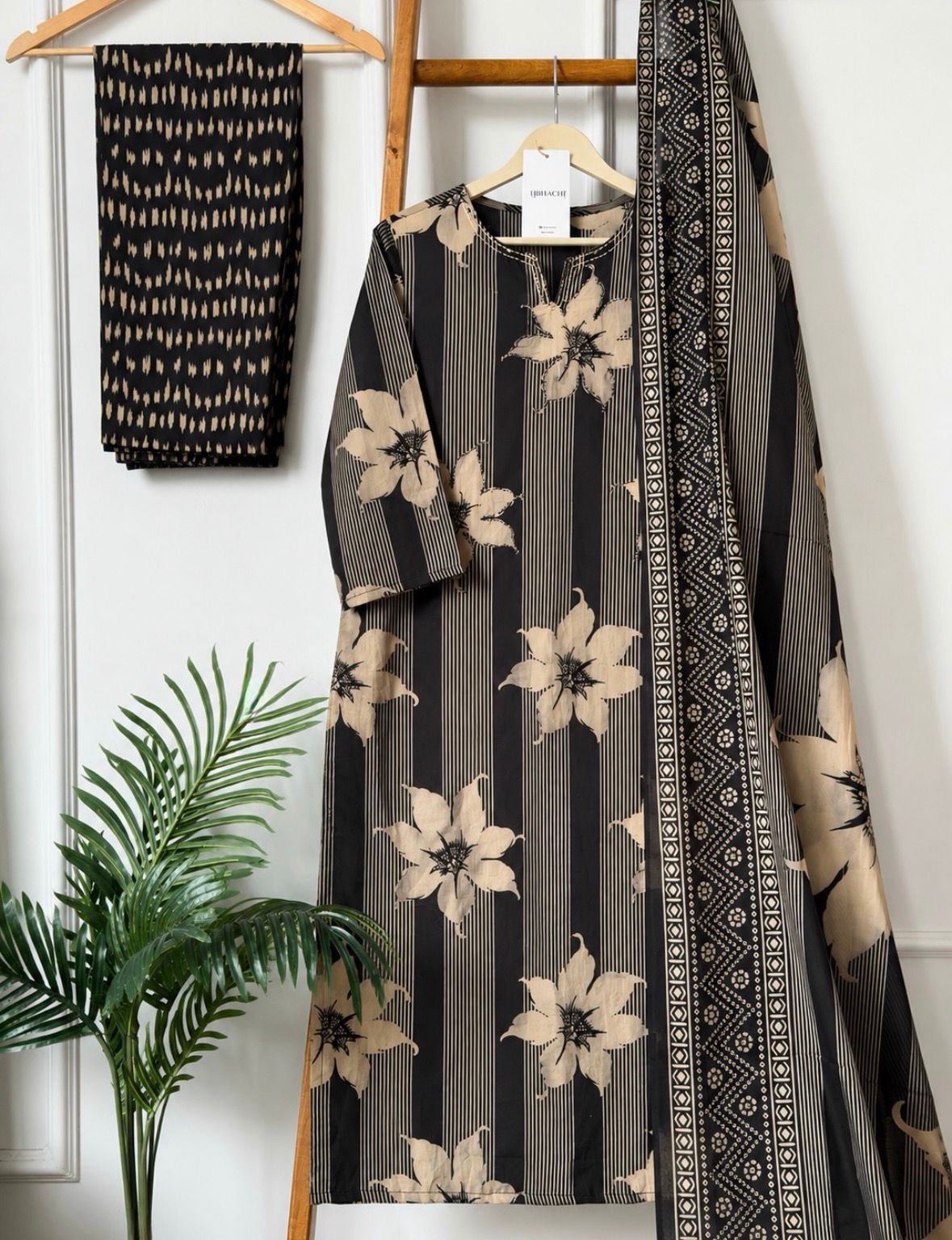 Black Floral Printed Kurta Pant Set with Dupatta for Women