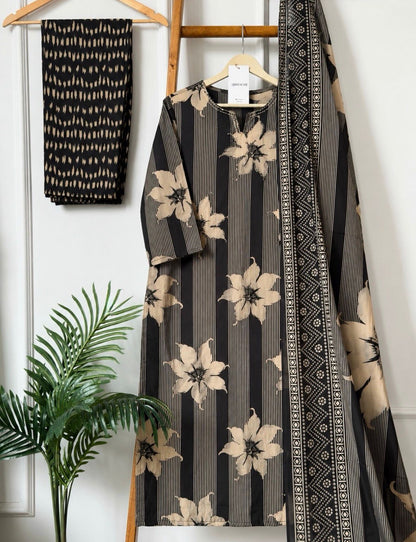 Black Floral Printed Kurta Pant Set with Dupatta for Women