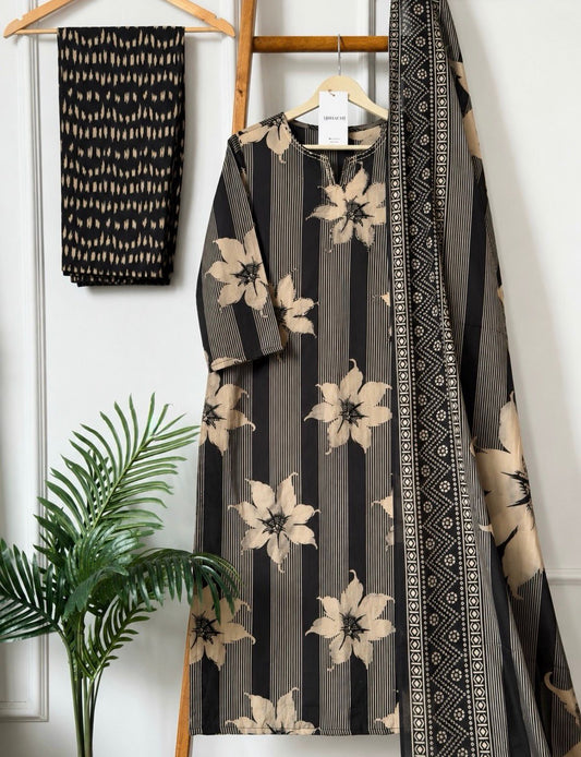 Black Floral Printed Kurta Pant Set with Dupatta for Women