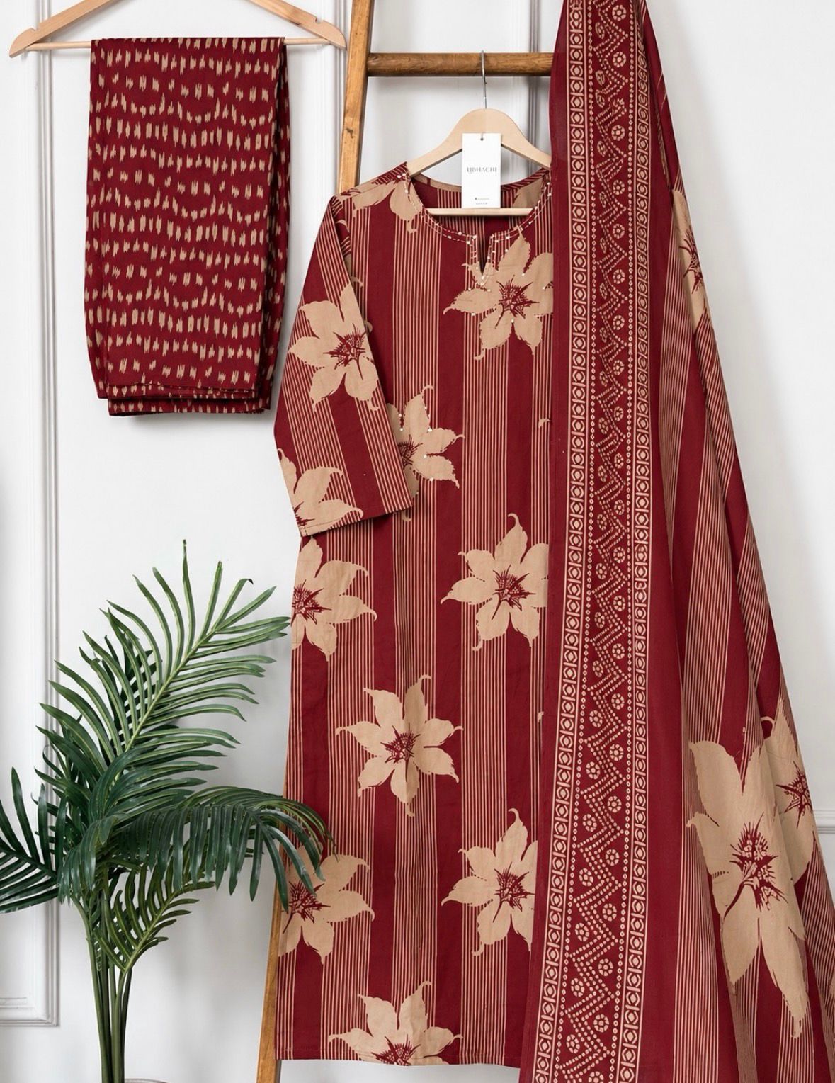 Maroon Floral Printed Kurta Pant Set with Dupatta for Women