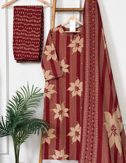 Maroon Floral Printed Kurta Pant Set with Dupatta for Women