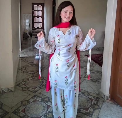 White Floral Printed Cotton Kurta Pant Set with Pink Dupatta for Women