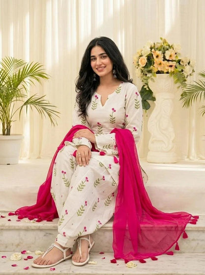 White Floral Printed Cotton Kurta Pant Set with Pink Dupatta for Women