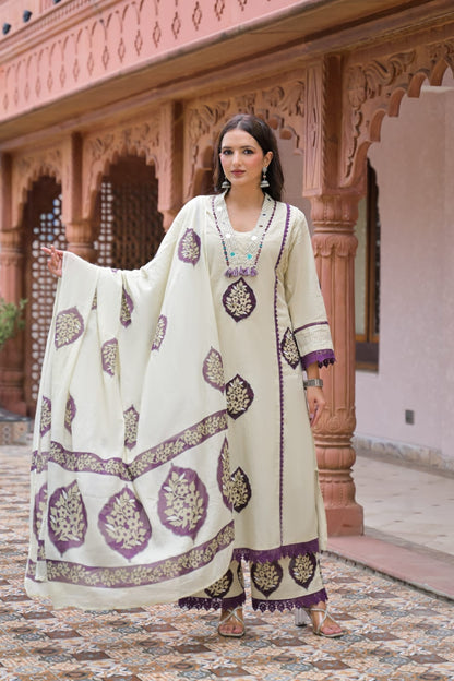 Women’s Ivory & Purple Printed Kurta Pant Set with Dupatta