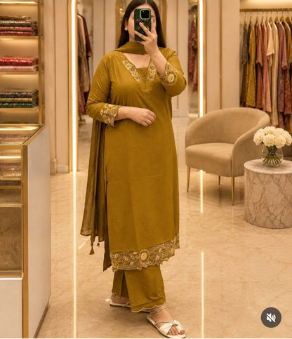 Mustard Olive Embroidered Kurta Pant Dupatta Set for Women