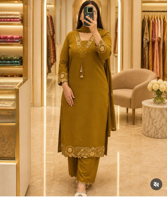 Mustard Olive Embroidered Kurta Pant Dupatta Set for Women