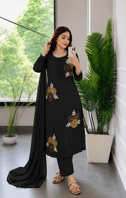 Black Floral Embroidered Kurta Pant Dupatta Set for Women