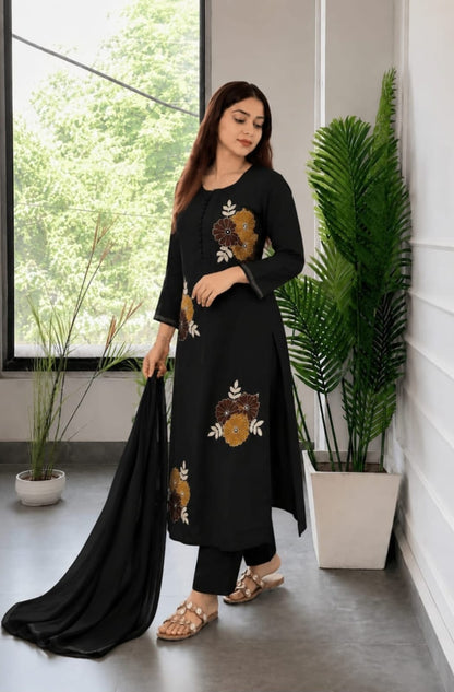 Black Floral Embroidered Kurta Pant Dupatta Set for Women