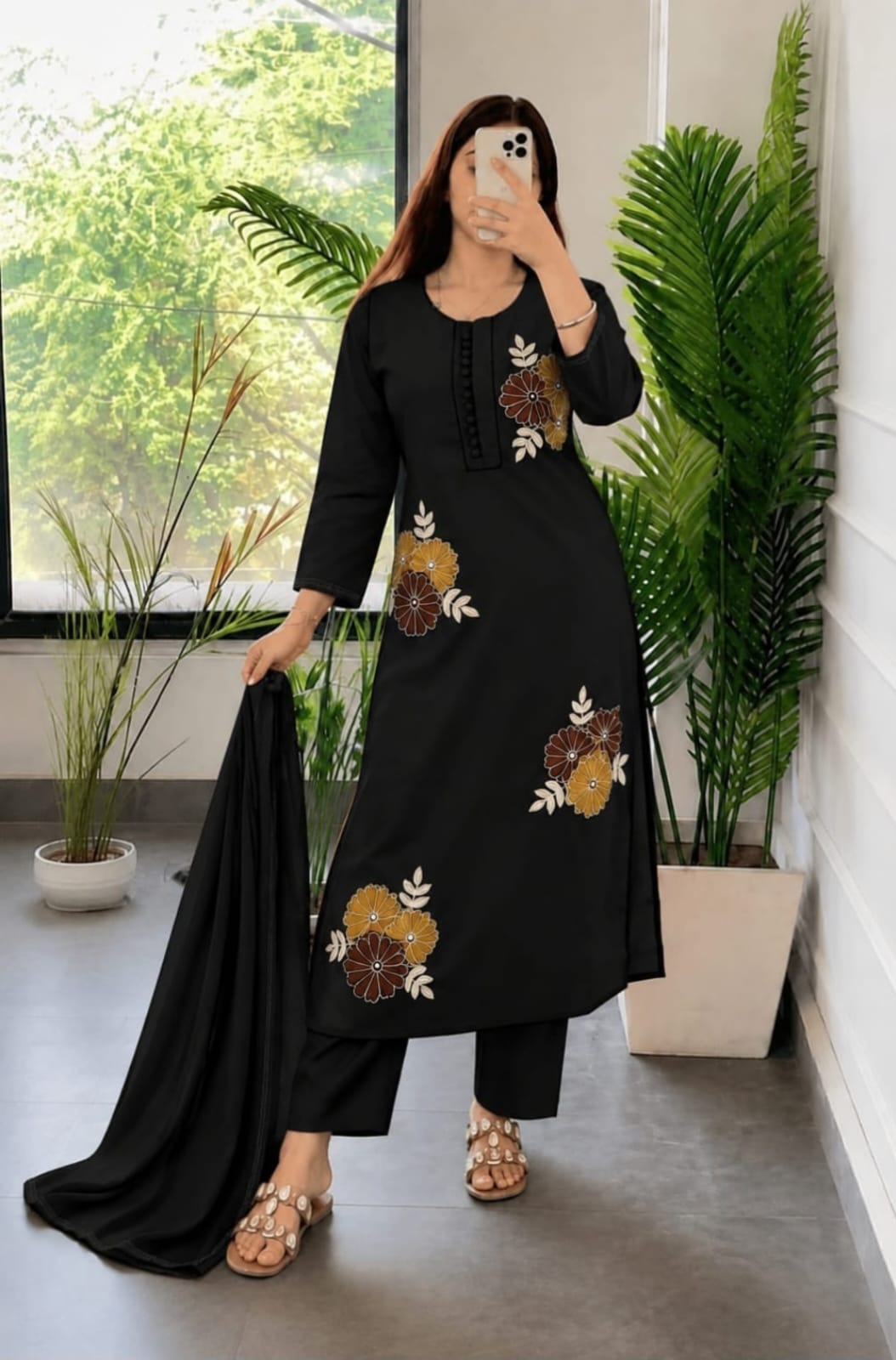 Black Floral Embroidered Kurta Pant Dupatta Set for Women