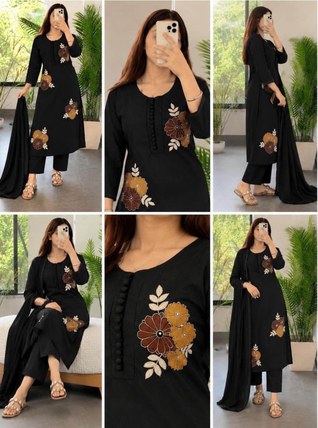 Black Floral Embroidered Kurta Pant Dupatta Set for Women