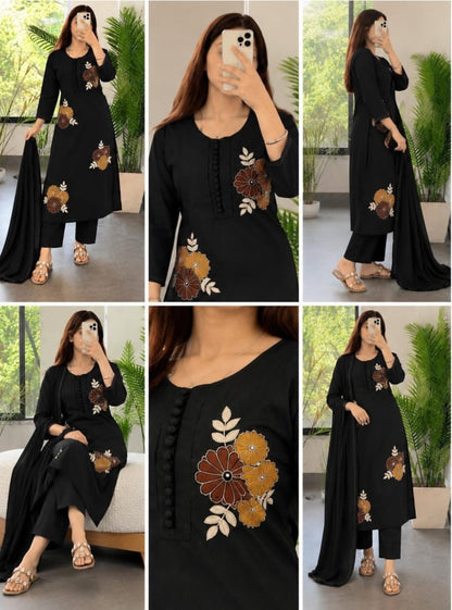 Black Floral Embroidered Kurta Pant Dupatta Set for Women