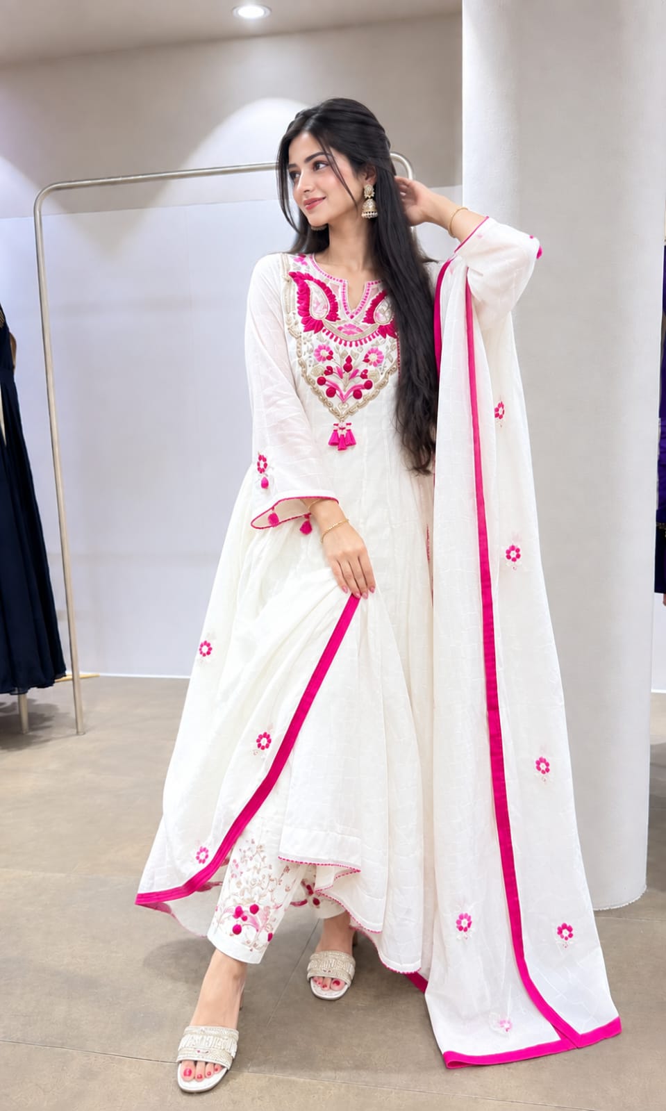 White & Pink Embroidered Anarkali Kurta Pant Dupatta Set for Women