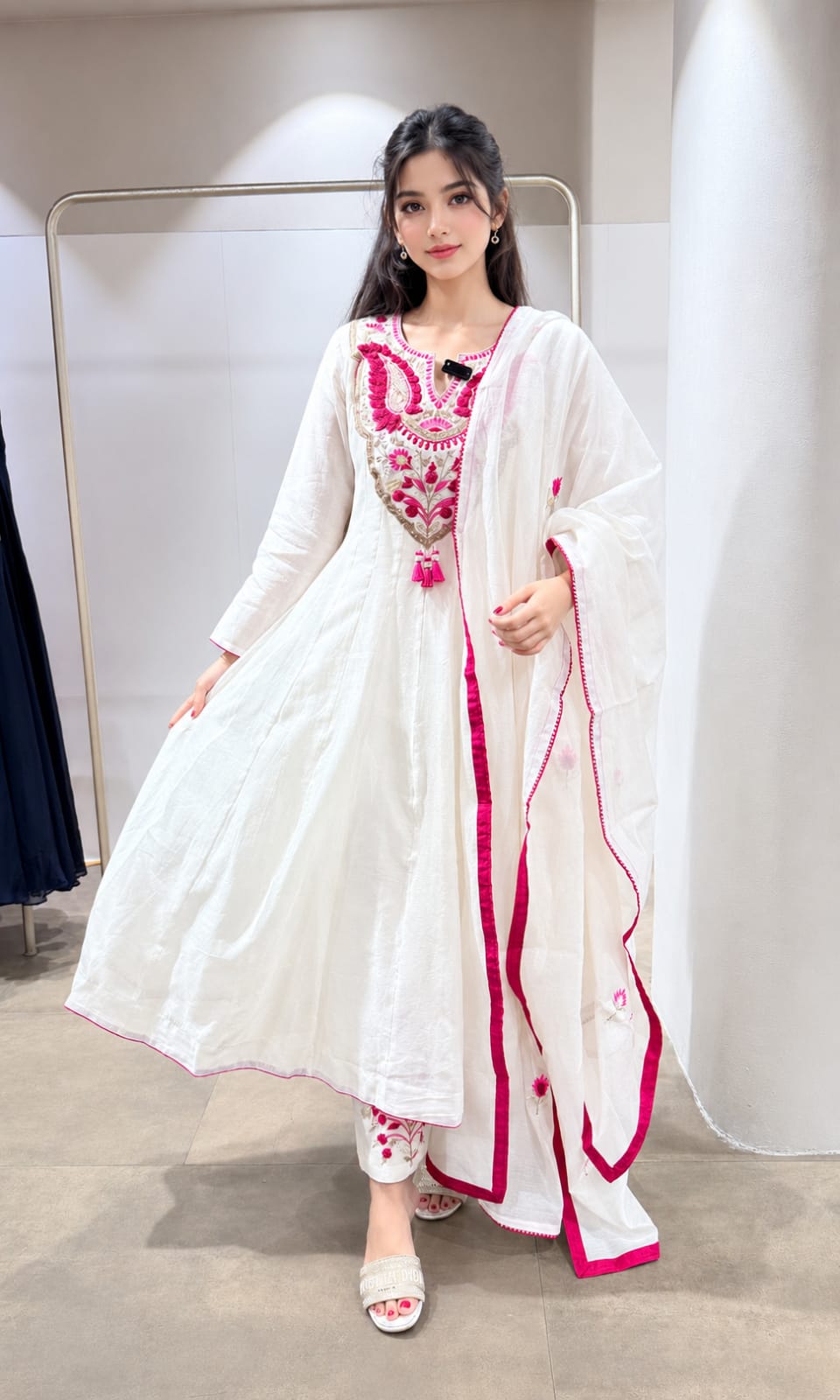 White & Pink Embroidered Anarkali Kurta Pant Dupatta Set for Women